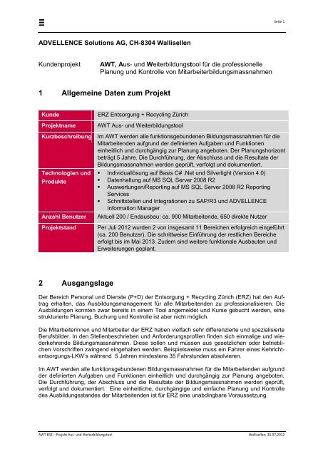 1 Allgemeine Daten zum Projekt 2 Ausgangslage - Advellence