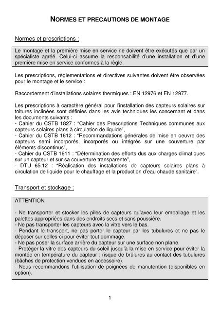 notice pose sur châssis et toiture capteurs H - Thermor