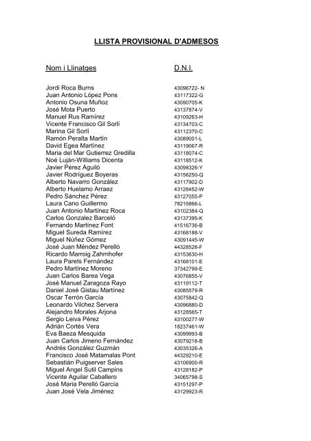 LLISTA PROVISIONAL D'ADMESOS I EXCLOSOS