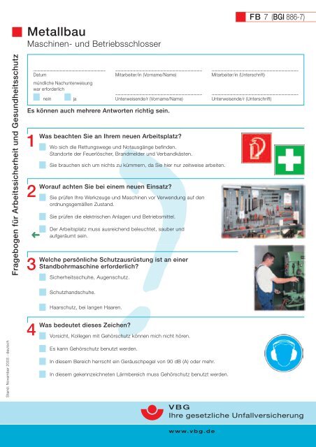 Fragebogen für Arbeitssicherheit und Gesundheitsschutz Metallbau