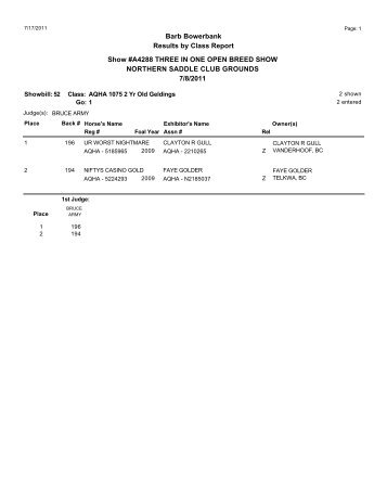 2011 AQHA Results â€“ Judge Bruce Army - 3 in 1 Horse Show