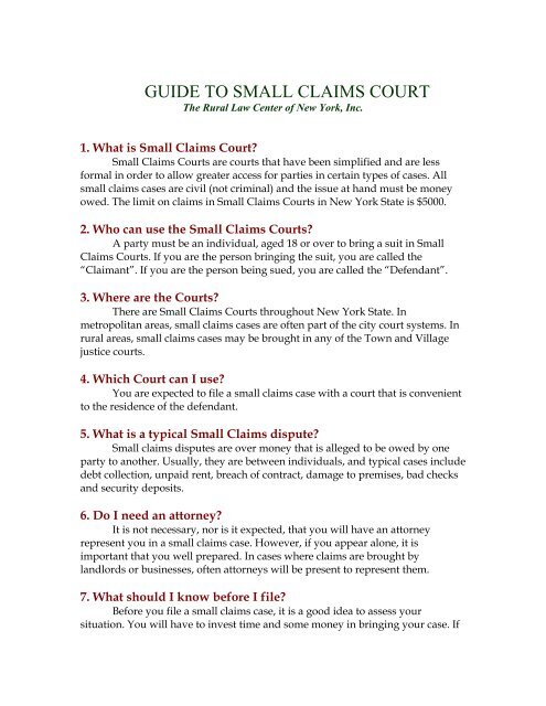 GUIDE TO SMALL CLAIMS COURT - Rural Law Center of New York