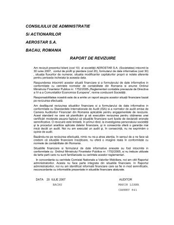 sc aerostar sa bacau raportul consiliului de administratie pentru ...