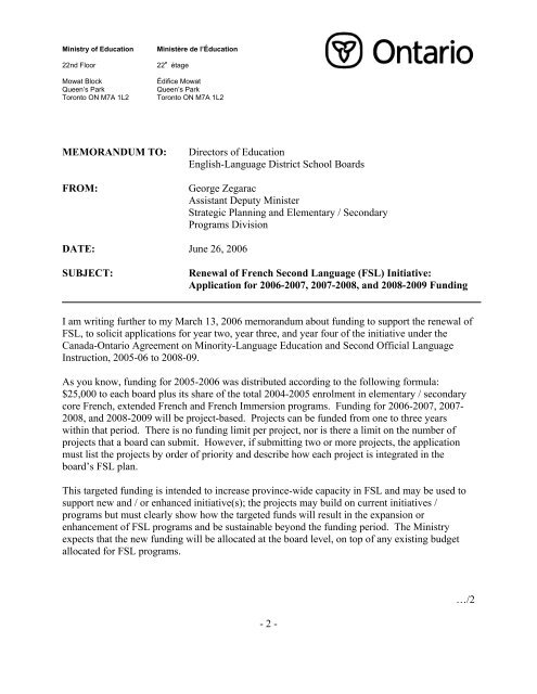 Memo From Ministry Of Education Re Renewal Of Fsl Initiatives 06