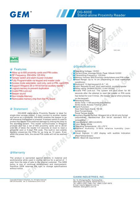 DG-600E Stand-alone Proximity Reader - GEM,Gianni Industries, Inc.