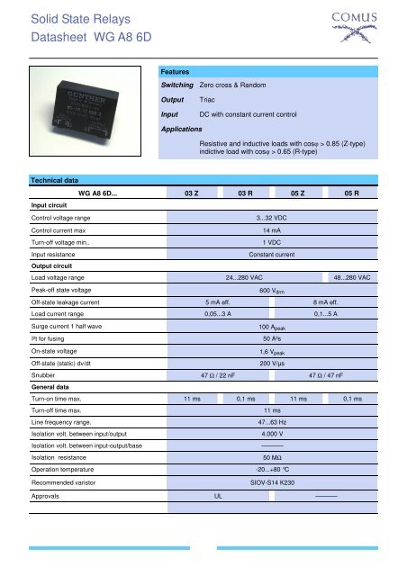 Datasheet WG A8 6D Solid State Relays - Tasseron