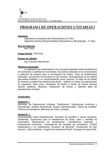 Operaciones Unitarias - Facultad de Ciencias Aplicadas a la Industria