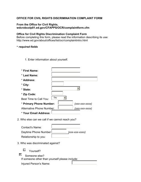 OFFICE FOR CIVIL RIGHTS DISCRIMINATION COMPLAINT FORM ...