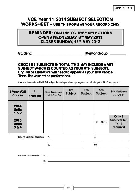 9-12 Course Selection Guide - Mount Eliza Secondary College