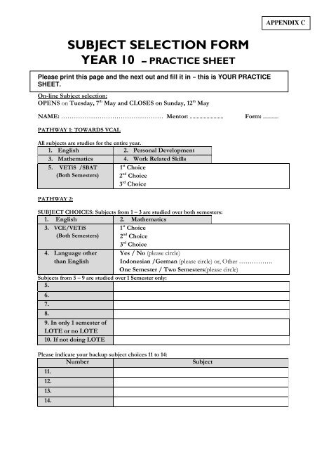 9-12 Course Selection Guide - Mount Eliza Secondary College