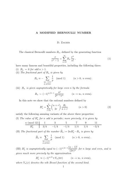 A MODIFIED BERNOULLI NUMBER D. Zagier The classical ... - Up To