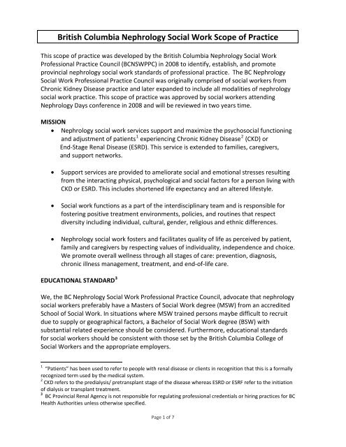 Nephrology Social Work Scope of Practice - BC Renal Agency