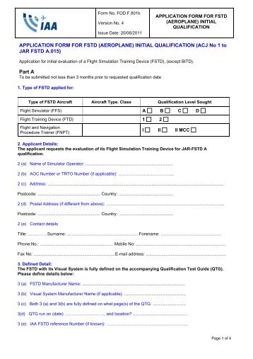 Application Form for FSTD (Aeroplane) Initial Qualification