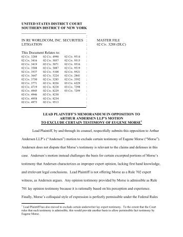 Lead Plaintiffs Memorandum of Law in Response to the Motion of ...