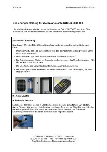 Bedienungsanleitung fÃ¼r die Solarleuchte SOLUX-LED-100