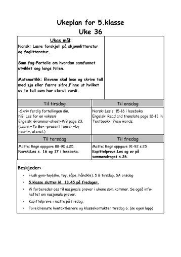 Ukeplan for 5.klasse Uke 36 Ukas mÃ¥l - Bamble kommune