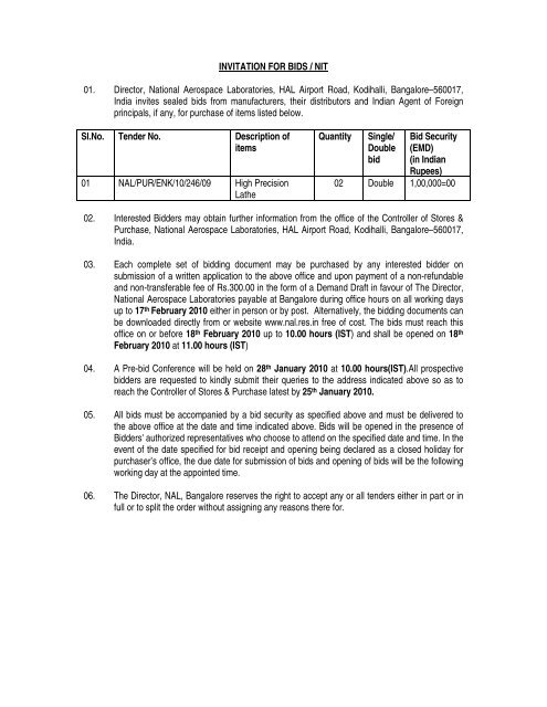 The Bidding Documents - National Aerospace Laboratories