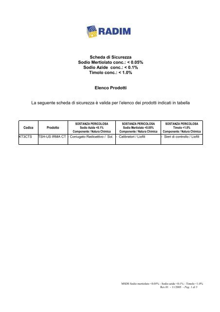 Scheda di Sicurezza Sodio Mertiolato conc.: < 0.05 ... - Radim S.p.A.