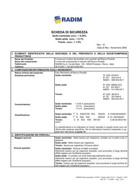 Scheda di Sicurezza Sodio Mertiolato conc.: < 0.05 ... - Radim S.p.A.