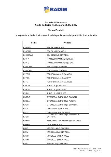 Scheda di Sicurezza Acido Solforico (H2SO4) conc ... - Radim S.p.A.