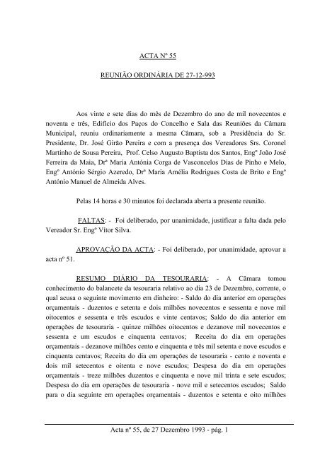 ACTA Nº 55 REUNIÃO ORDINÁRIA DE 27-12-993 Aos vinte e sete ...