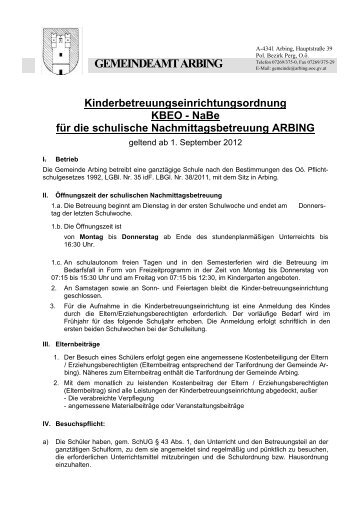 Kinderbetreuungseinrichtungsordnung KBEO - Gemeinde Arbing