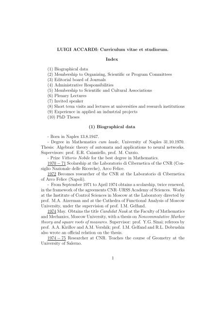 LUIGI ACCARDI: Curriculum vitae et studiorum. Index (1 - CEIS