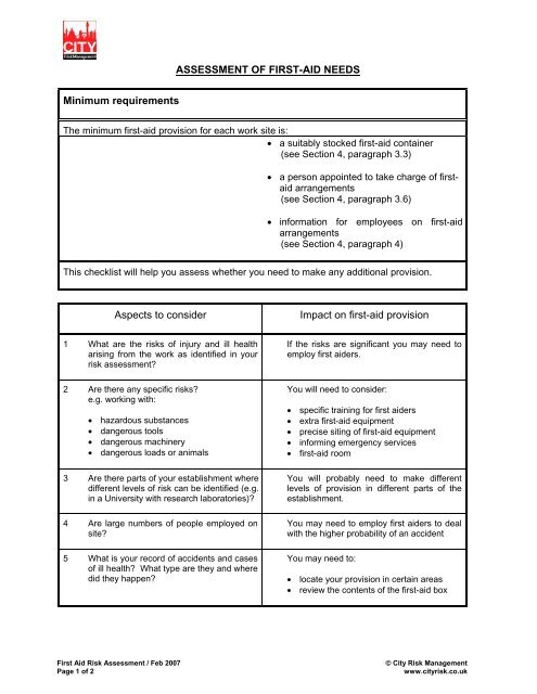 Assessment Of First Aid Needs Checklist City Risk Management 