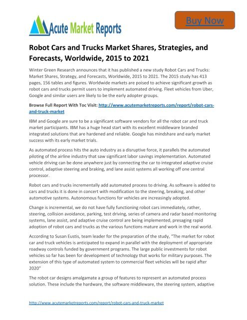 Global Robot Cars Market Size and Forecast upto 2015 to 2021: Acute Market Reports