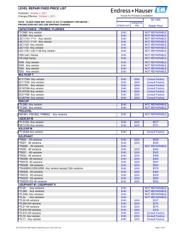 LEVEL REPAIR FIXED PRICE LIST - Endress + Hauser