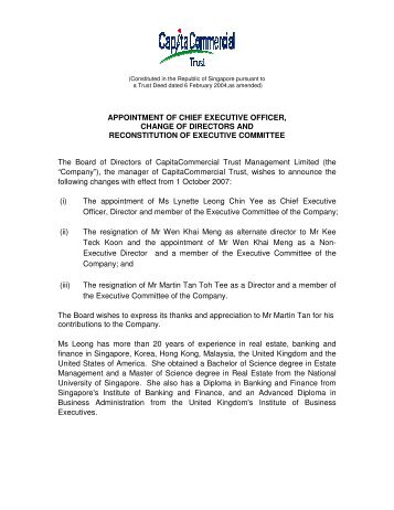 APPOINTMENT OF CHIEF EXECUTIVE OFFICER, CHANGE OF ...