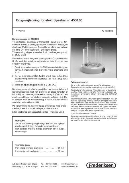 Brugsvejledning for elektrolysekar nr. 4530.00 - Frederiksen