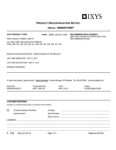 wire spark Association Product Discontinuation Notice-600V Legacy IGBTs