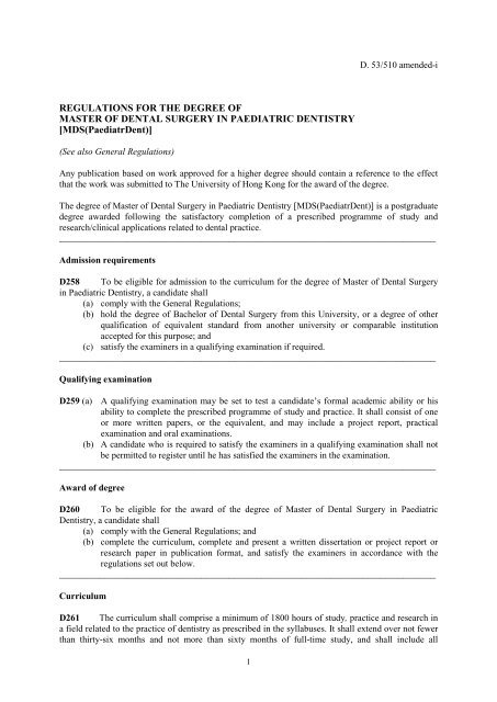 Regulation and Syllabus - Faculty of Dentistry, The University of ...