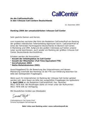 An die CallCenterProfis in den Inhouse-Call Centern Deutschlands ...