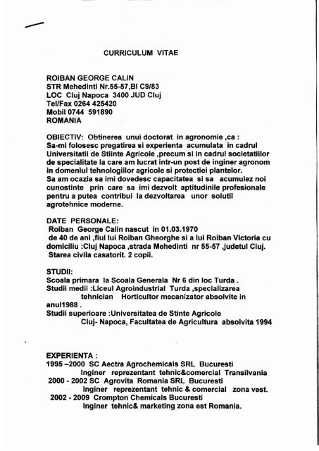 CURRICULUM VITAE ROIBAN GEORGE CALIN STR Mehedinti Nr ...