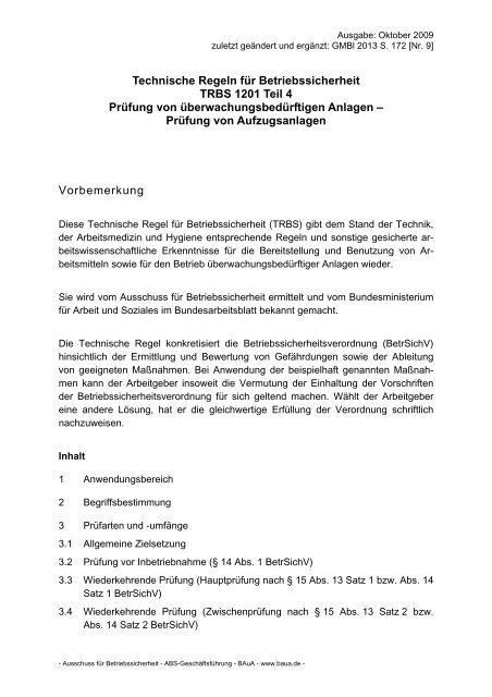 TRBS 1201 Teil 4 Prüfung von überwachungsbedürftigen Anlagen ...