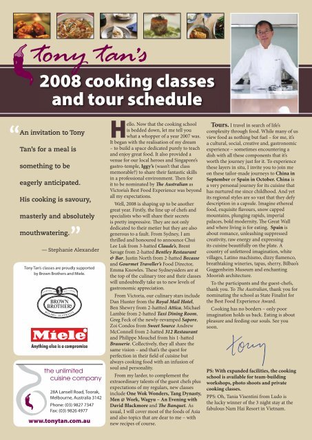 2008 cooking classes and tour schedule - Tony Tan's Unlimited ...