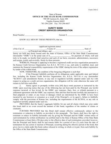 Surety Bond Form - Kansas - Office of the State Bank Commissioner