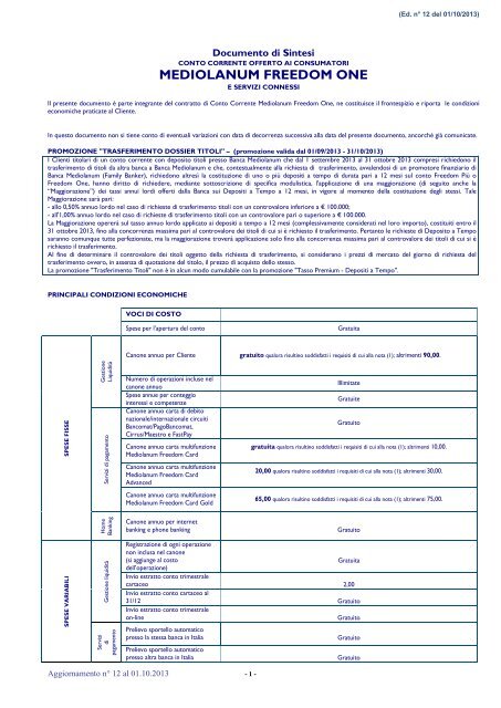 Conto Freedom One - Banca Mediolanum