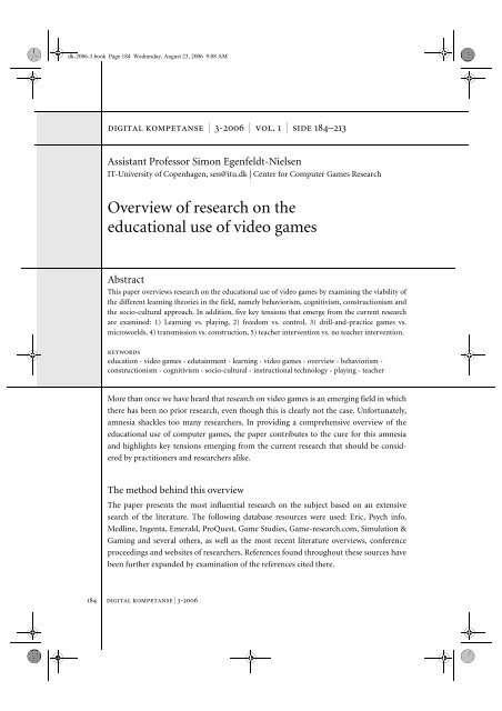 Overview of research on the educational use of video games (PDF)