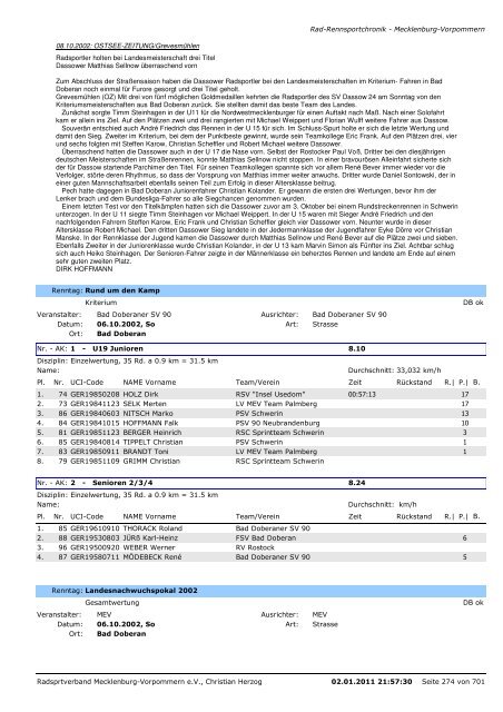 Chronik von RAD-Rennsportveranstaltungen in Mecklenburg ...