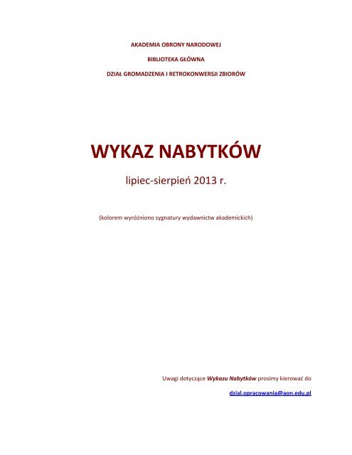 Nabytki 2013 0708.pdf - Biblioteka GÅÃ³wna Akademii Obrony ...