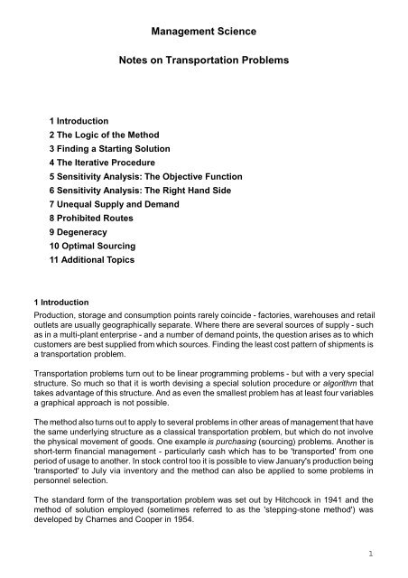 Management Science Notes on Transportation Problems - intnet.mu