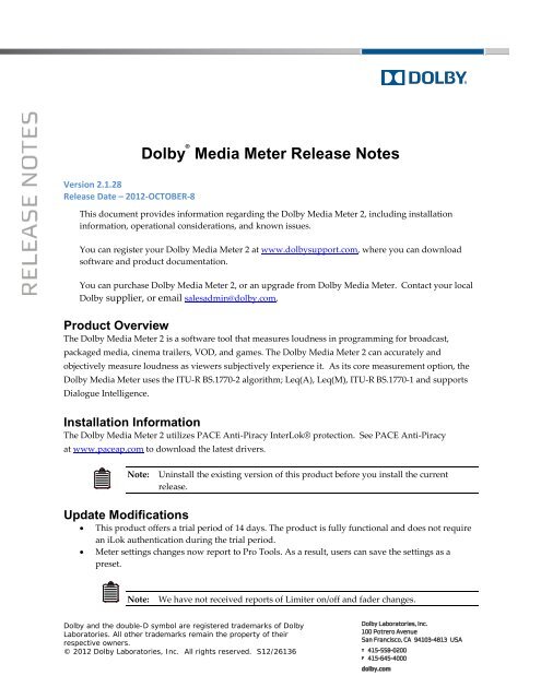 Dolby Media Meter Release Notes - Audio Intervisual Design, Inc.