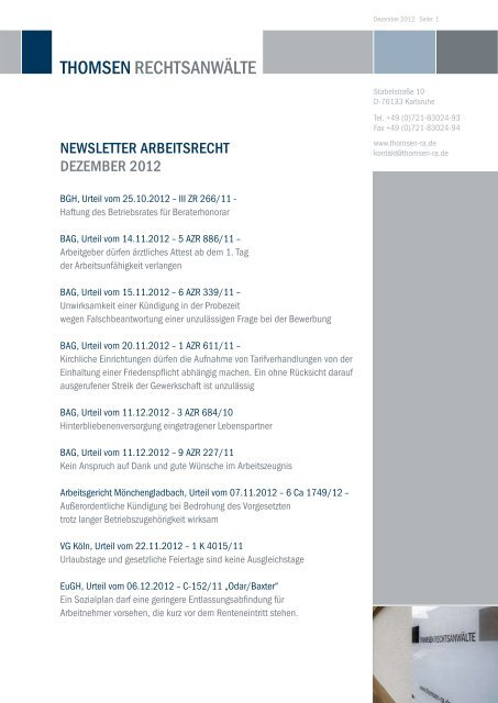 Newsletter arbeitsrecht DeZeMber 2012 - Thomsen RechtsanwÃ¤lte