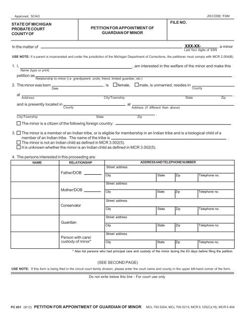 FORMS FOR GUARDIANSHIP OF A MINOR ... - Ottawa County