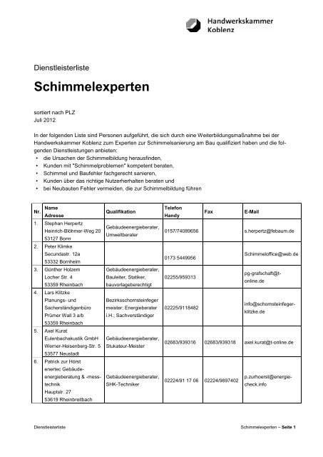 Schimmelexperten - Handwerkskammer Koblenz