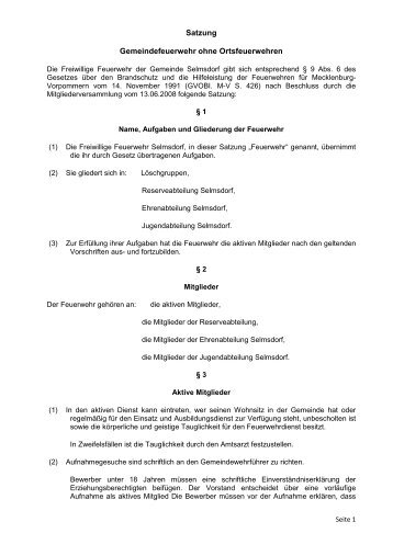 Satzung Gemeindefeuerwehr ohne Ortsfeuerwehren - Selmsdorf live