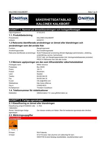 SÃKERHETSDATABLAD KALCINEX KALKBORT - Office Depot